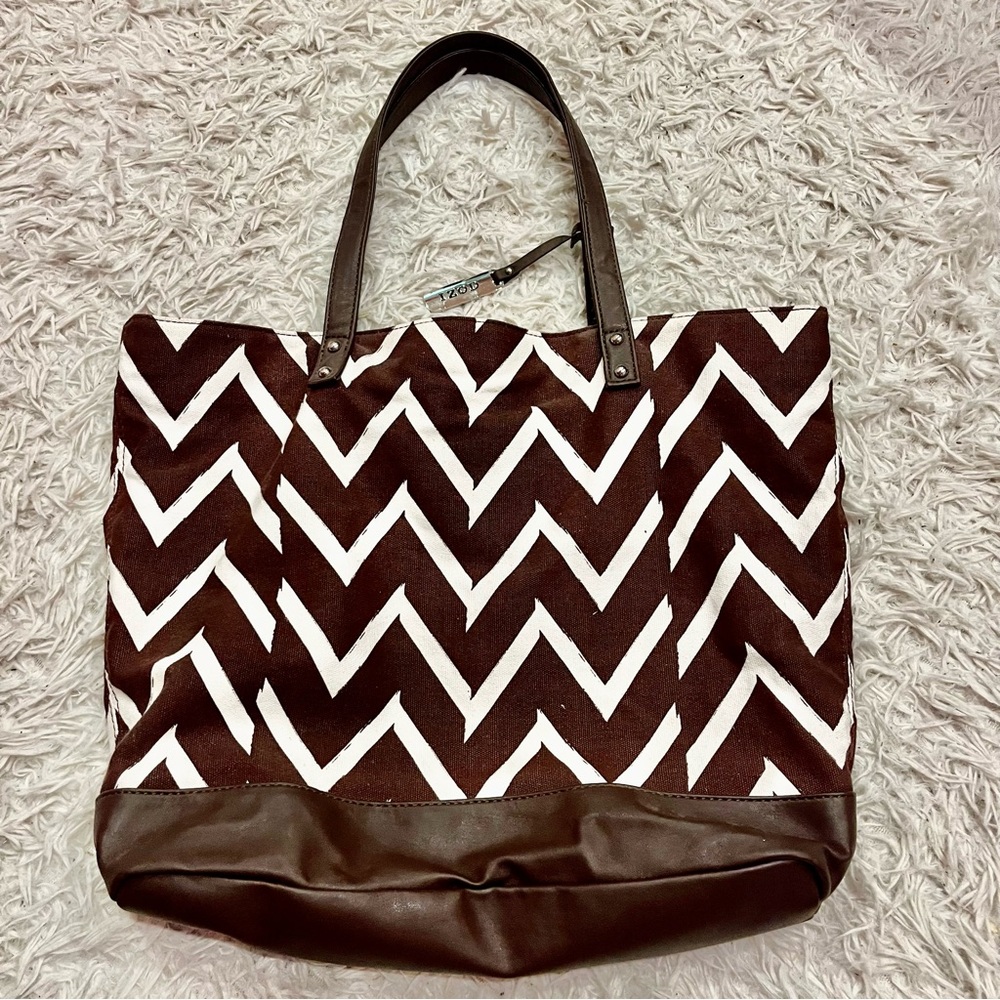 Izod Canvas Tote Bag Brown White Print